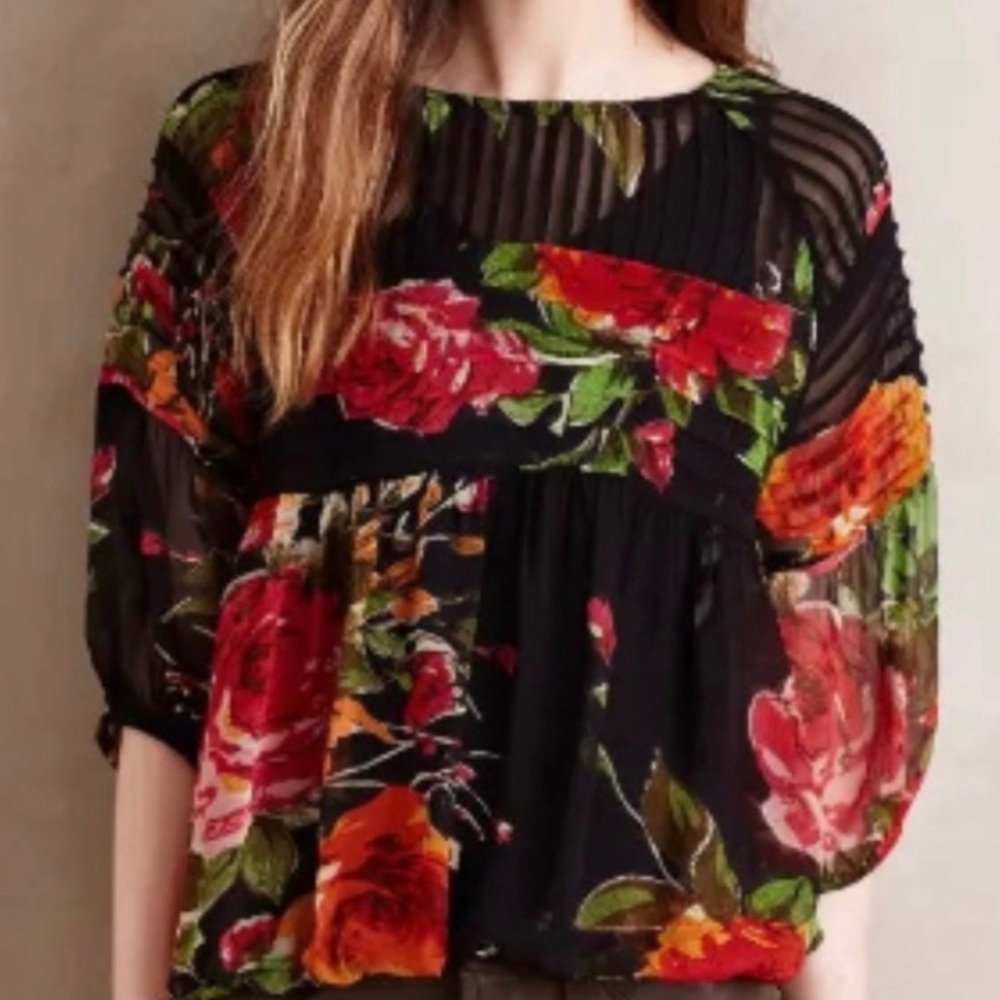 NWT Anthropologie top.  Sheer black top with floral print.  Gathers at waist.